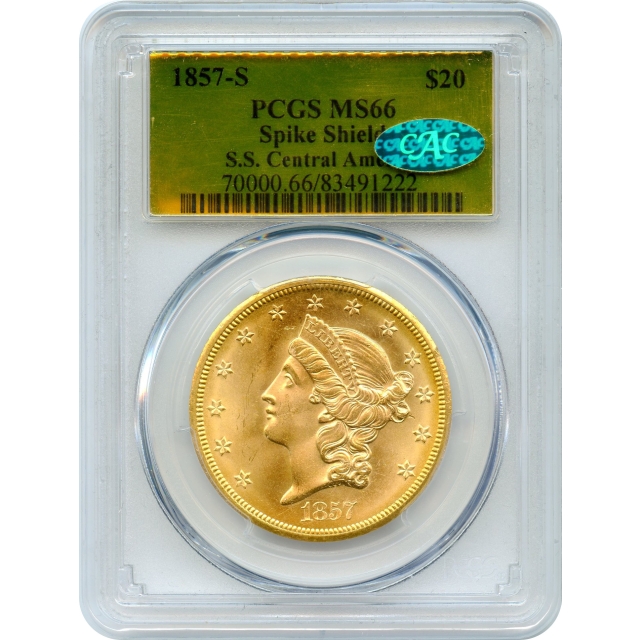 1857-S $20 Liberty Head Double Eagle, 20A PCGS MS66 (CAC) Ex.SS Central America /box