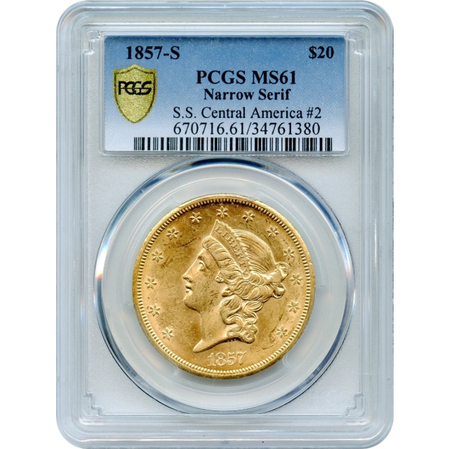 1857-S $20 Liberty Head Double Eagle, 20C PCGS MS61 Ex. SS Central America #2