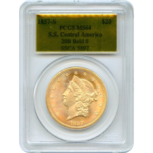 1857-S $20 Liberty Head Double Eagle, 20B PCGS MS64 Ex. SS Central America w/box & COA