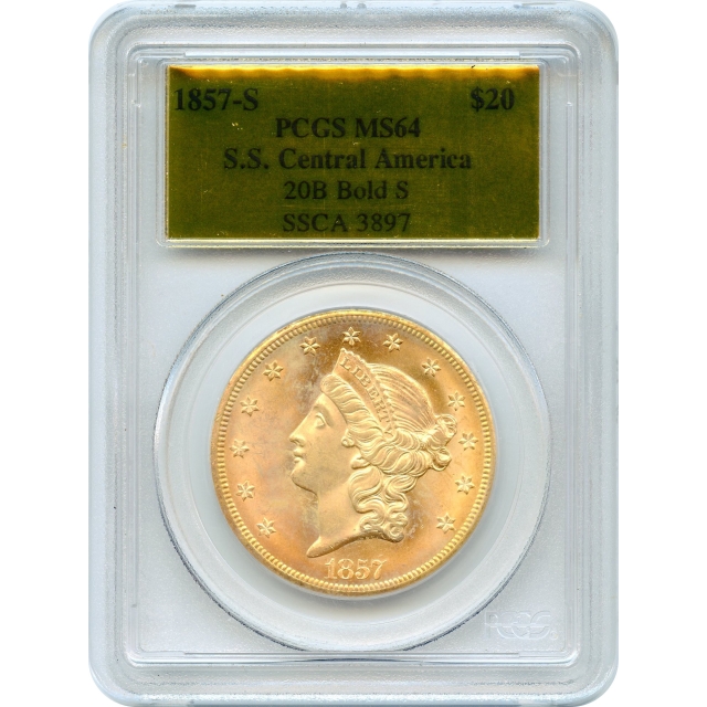 1857-S $20 Liberty Head Double Eagle, 20B PCGS MS64 Ex.SS Central America w/box & COA