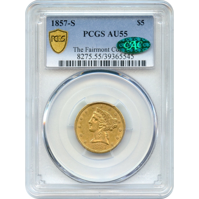 1857-S $5 Liberty Head Half Eagle PCGS AU55 (CAC)*