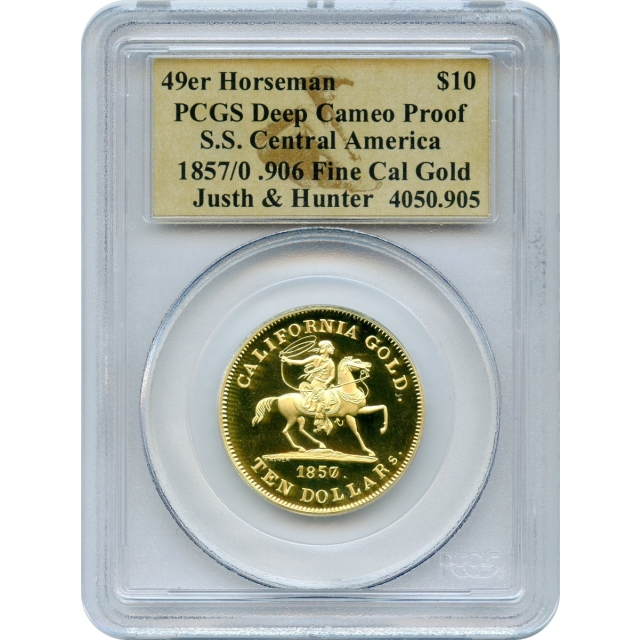 1857/0 49er $10 Baldwin 'Horseman' .906 Gold PCGS Deep Cameo Proof Ex.SS Central America with Pinch & Box