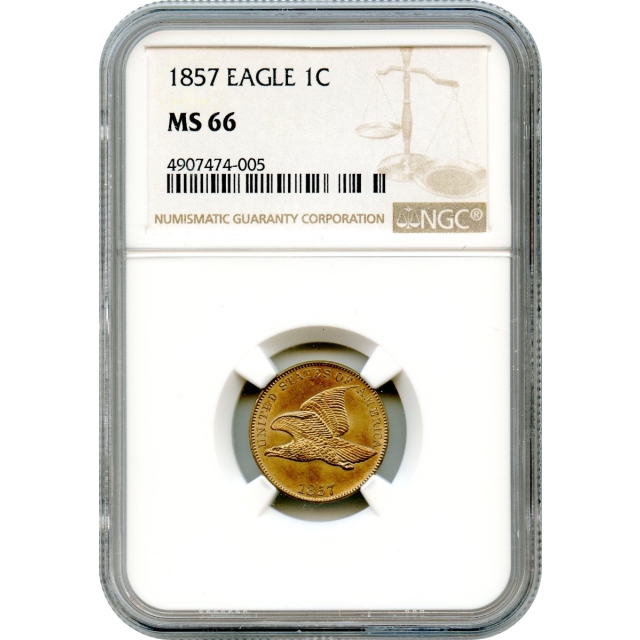 1857 1C Flying Eagle Cent NGC MS66 - Tied for Finest Known-!