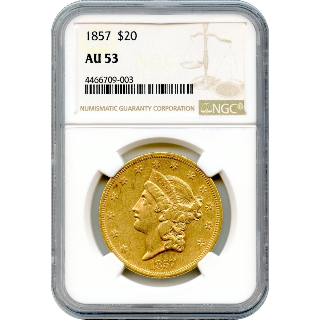 1857 $20 Liberty Head Double Eagle NGC AU53