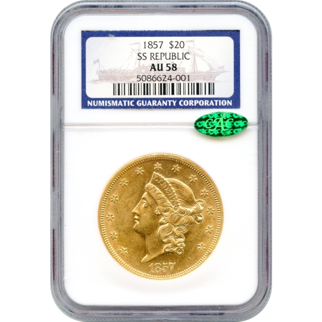 1857 $20 Liberty Head Double Eagle NGC AU58 (CAC) Ex.S.S. Republic