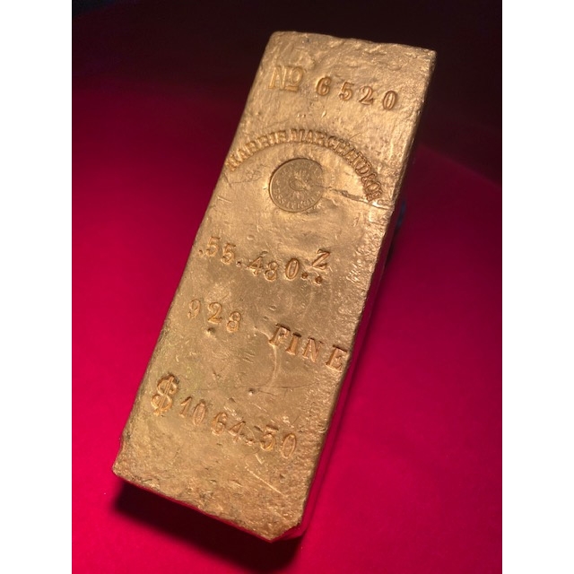 1857 Harris, Marchand and Co. gold ingot No. 6520, 55.48 OZ., 928 FINE, Ex.SS Central America
