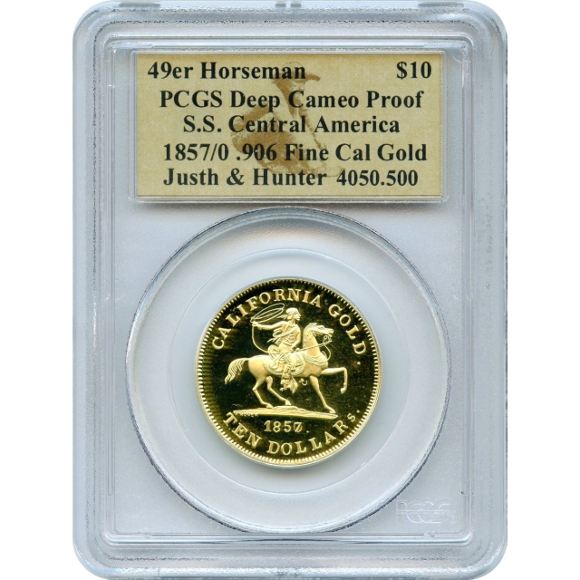 1857/0 49er $10 Baldwin 'Horseman' .906 Gold PCGS Deep Cameo Proof Ex.SS Central America