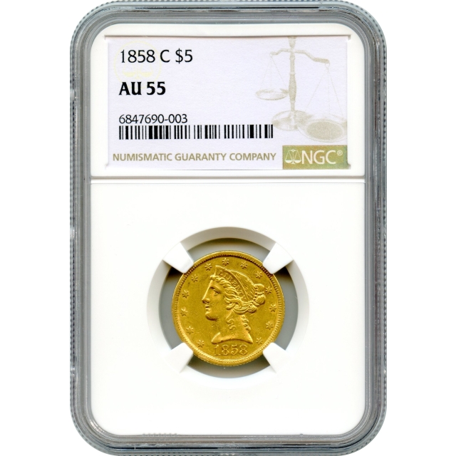 1858-C $5 Liberty Head Half Eagle NGC AU55