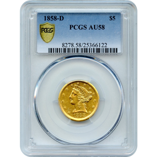 1858-D $5 Liberty Head Half Eagle PCGS AU58