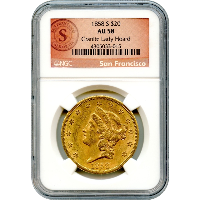 1858-S $20 Liberty Head Double Eagle NGC AU58 Ex. Granite Lady Hoard