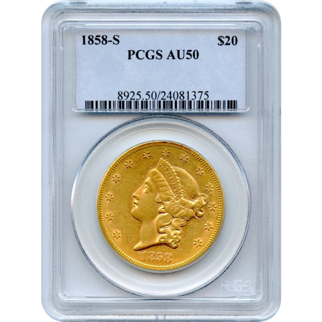 1858-S $20 Liberty Head Double Eagle PCGS AU50