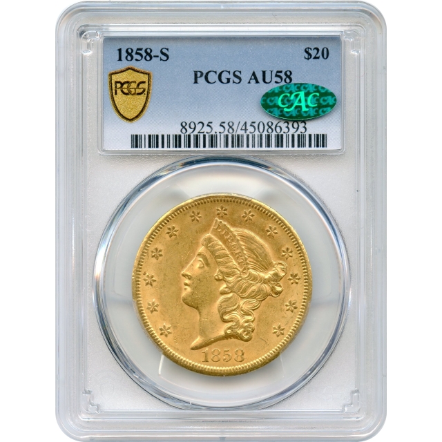 1858-S $20 Liberty Head Double Eagle PCGS AU58 (CAC)