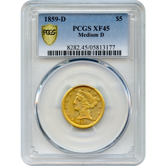 1859-D $5 Liberty Head Half Eagle, Medium D PCGS XF45