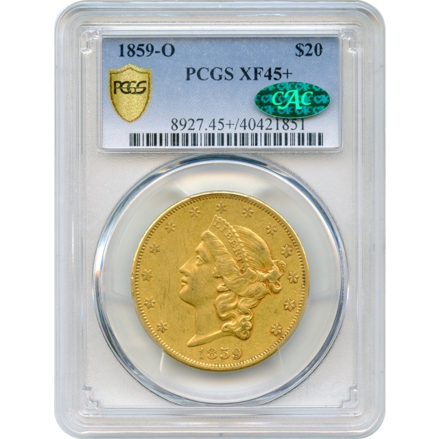1859-O $20 Liberty Head Double Eagle PCGS XF45+ (CAC)
