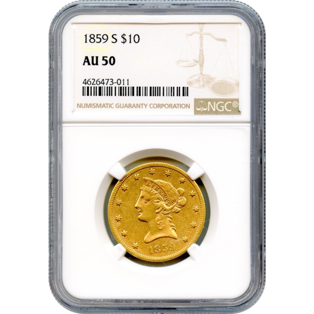 1859-S $10 Liberty Head Eagle NGC AU50 - Underrated Gold Rarity-!