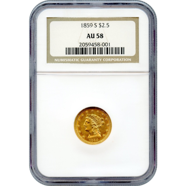 1859-S $2.50 Liberty Head Quarter Eagle NGC AU58