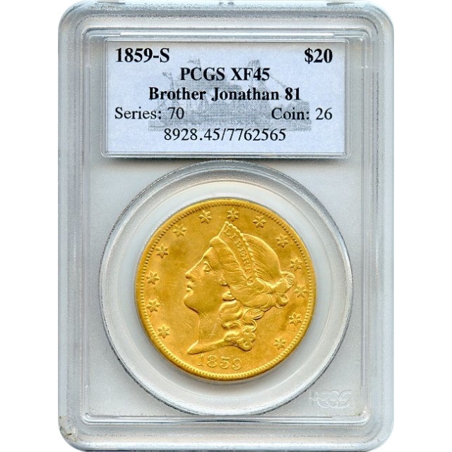 1859-S $20 Liberty Head Double Eagle PCGS XF45 Ex. SS Brother Jonathan