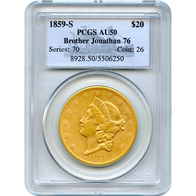 1859-S $20 Liberty Head Double Eagle PCGS AU50 Ex. SS Brother Jonathan