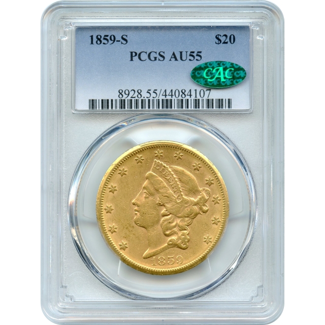 1859-S $20 Liberty Head Double Eagle PCGS AU55 (CAC)