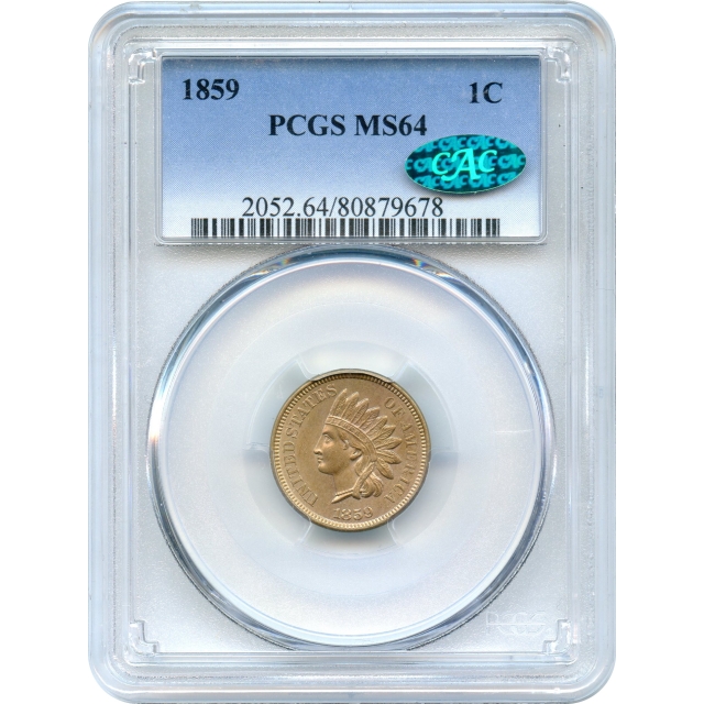 1859 1C Indian Head Cent, No Shield PCGS MS64 (CAC) - First Year of Issue & One Year Type 