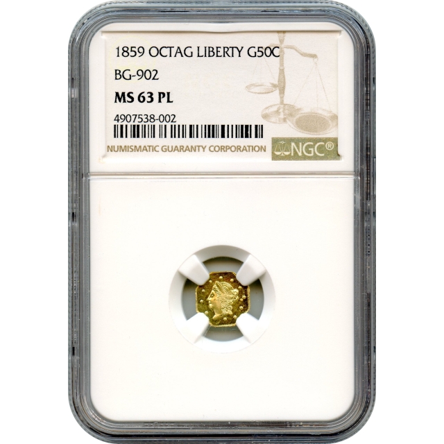 BG- 902, 1859 California Fractional Gold 50C, Liberty Octagonal NGC MS63PL R4-