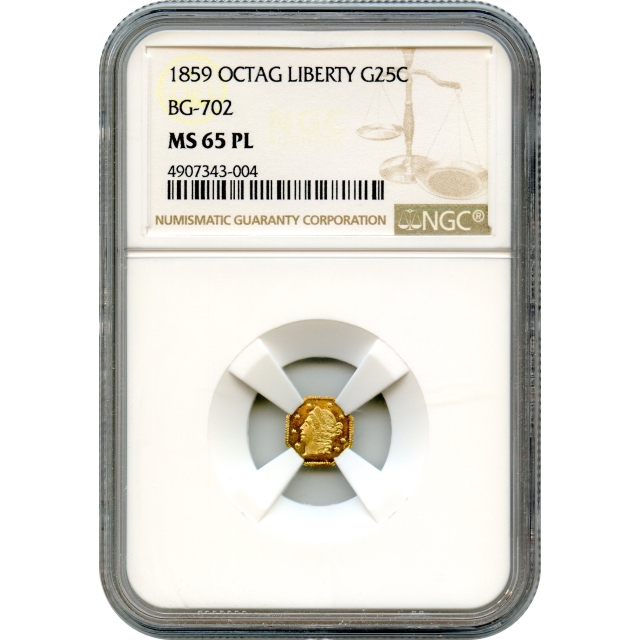 BG- 702, 1859 California Fractional Gold 25C, Liberty Octagonal NGC MS65PL R3