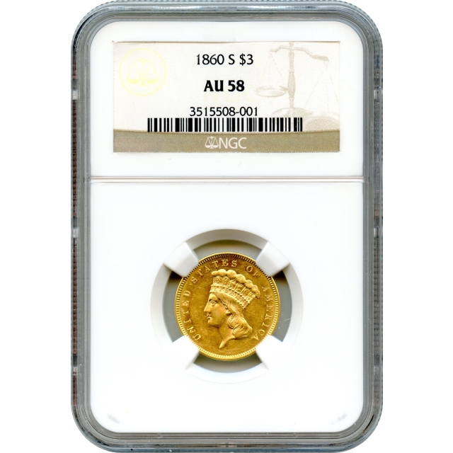 1860-S $3 Indian Princess Three Dollar NGC AU58