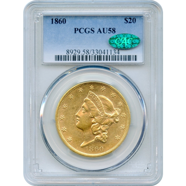 1860 $20 Liberty Head Double Eagle PCGS AU58 (CAC)