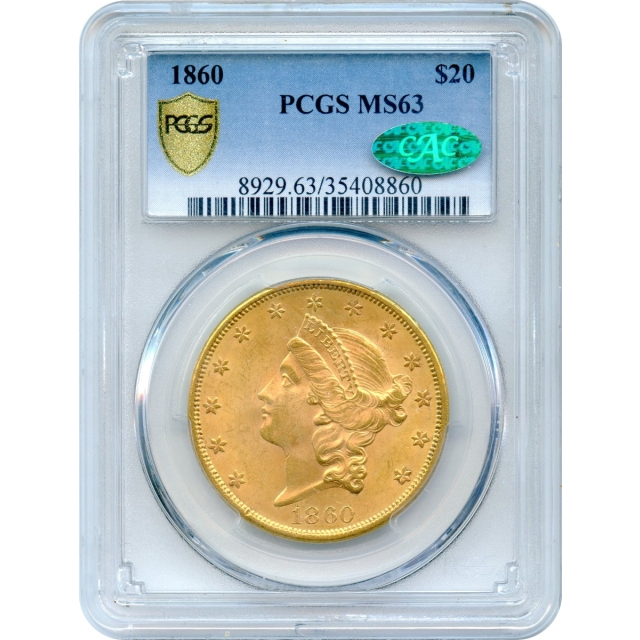 1860 $20 Liberty Head Double Eagle PCGS MS63 (CAC)