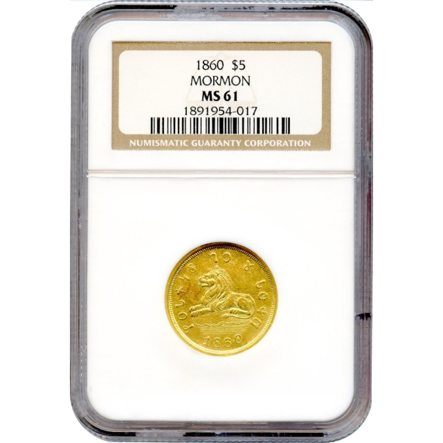 1860 $5 Mormon Gold Half Eagle, Lion & Beehive NGC MS61