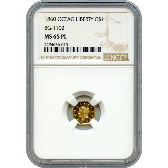 BG-1102, 1860 California Fractional Gold $1, Liberty Octagonal NGC MS65PL R4