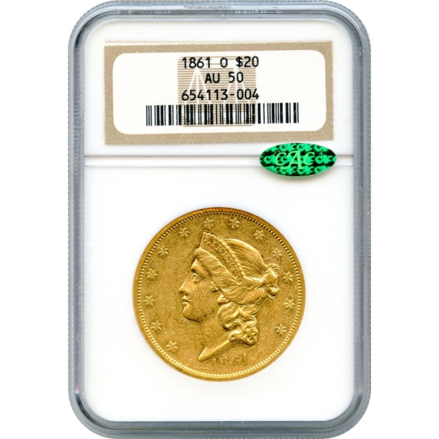 1861-O $20 Liberty Head Double Eagle NGC AU50 (CAC)