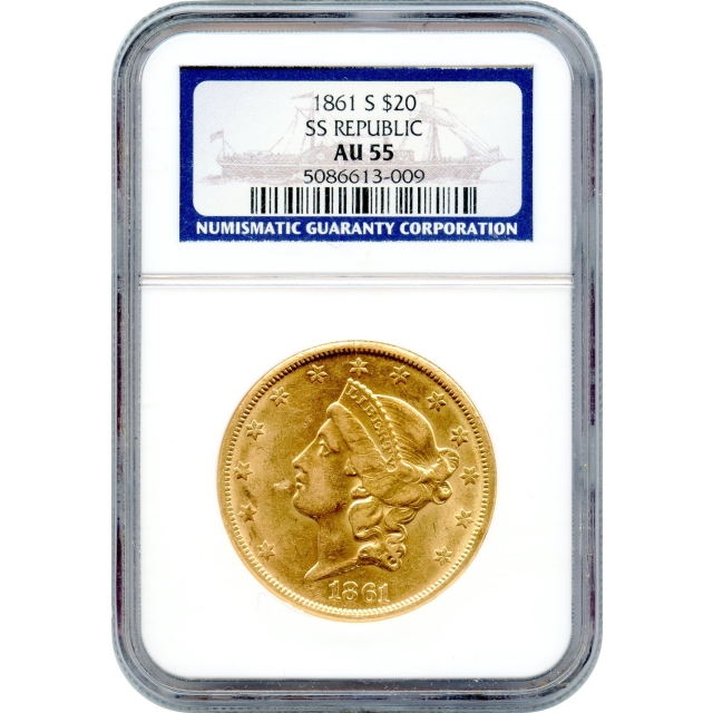 1861-S $20 Liberty Head Double Eagle NGC AU55 Ex.SS Republic