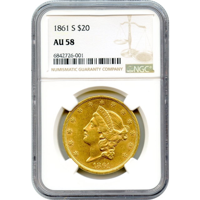 1861-S $20 Liberty Head Double Eagle NGC AU58