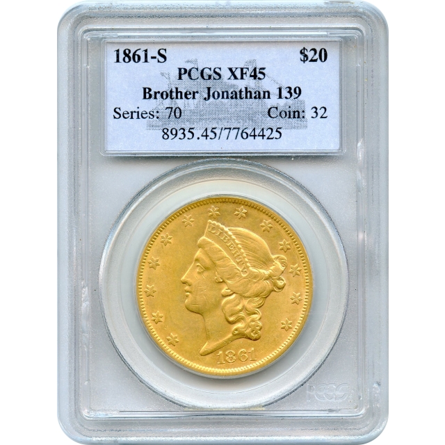 1861-S $20 Liberty Head Double Eagle, PCGS XF45, Ex. SS Brother Jonathan