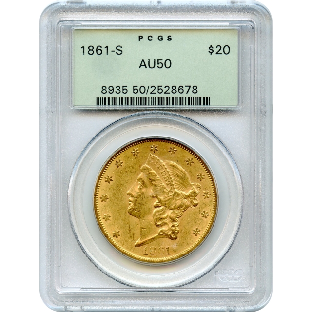 1861-S $20 Liberty Head Double Eagle PCGS AU50