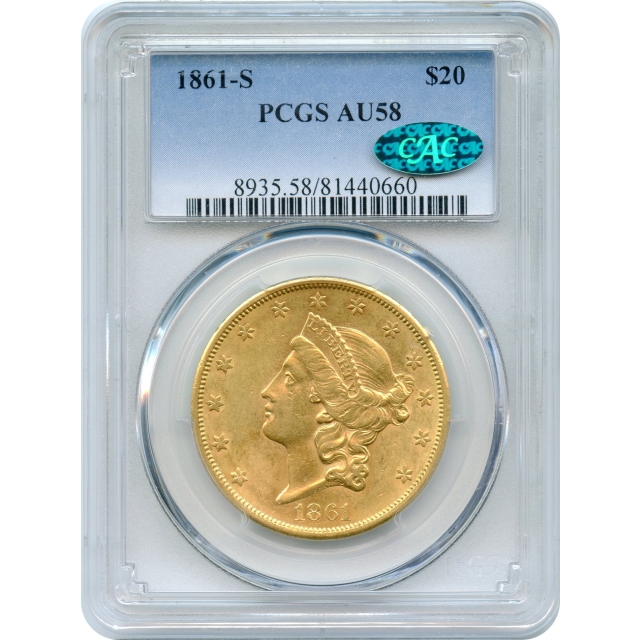 1861-S $20 Liberty Head Double Eagle PCGS AU58 (CAC)