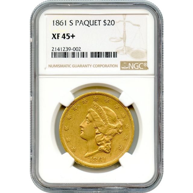 1861-S $20 Liberty Double Eagle, Paquet Reverse NGC XF45+