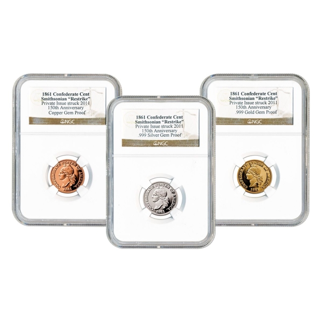 1861 1C CSA Gold, Silver & Copper Confederate Restrike 3pc Set NGC GEM Proof