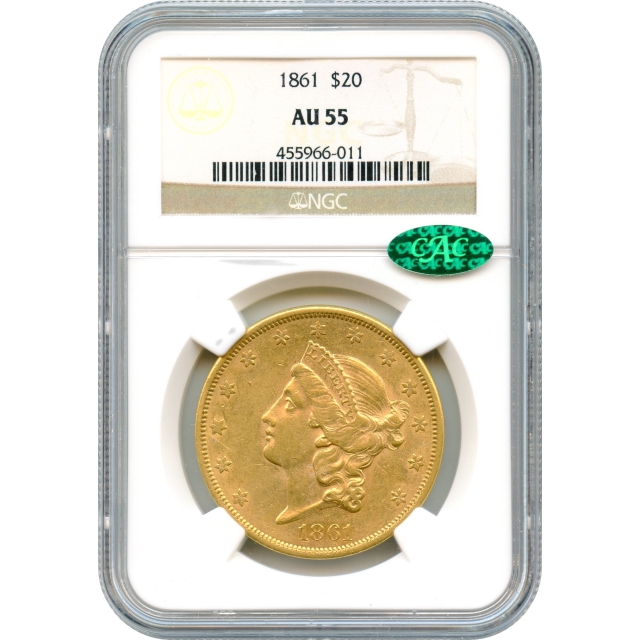 1861 $20 Liberty Head Double Eagle NGC AU55 (CAC) - Civil War Era Gold!