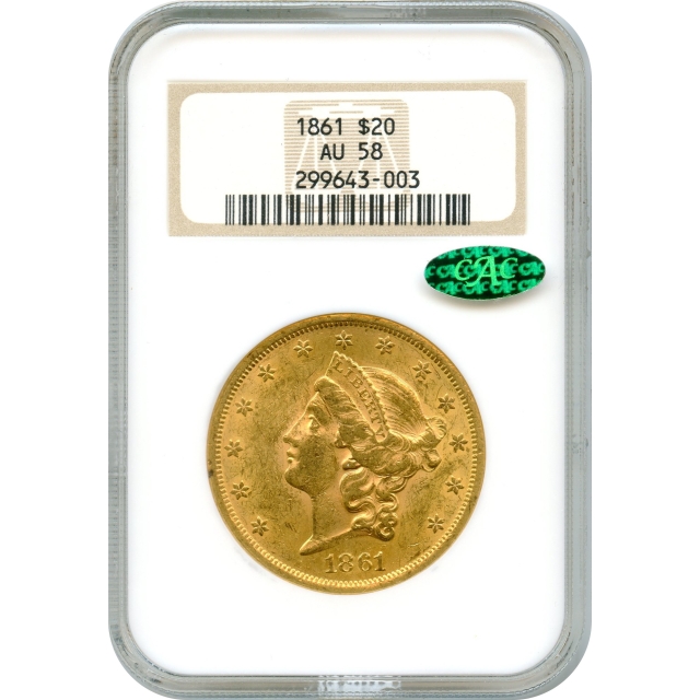 1861 $20 Liberty Head Double Eagle NGC AU58 (CAC) - Civil War Era Gold!
