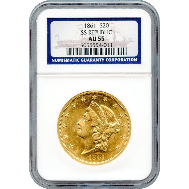 1861 $20 Liberty Head Double Eagle NGC AU55 Ex.SS Republic 
