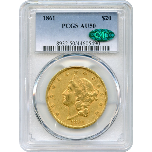 1861 $20 Liberty Head Double Eagle PCGS AU50 (CAC) - Civil War Era Gold!