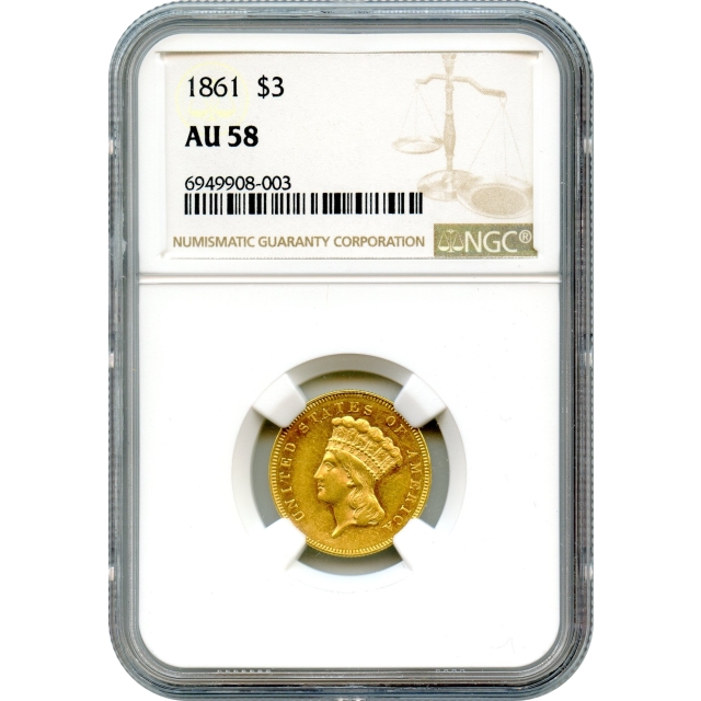 1861 $3 Indian Princess Three Dollar NGC AU58
