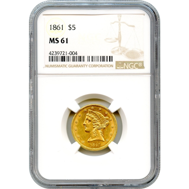 1861 $5 Liberty Head Half Eagle NGC MS61