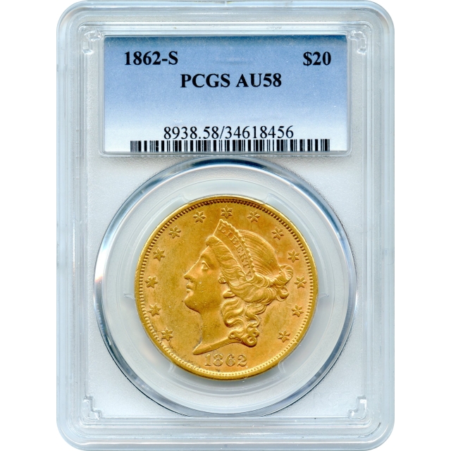 1862-S $20 Liberty Head Double Eagle PCGS AU58 - Civil War Era Gold! 