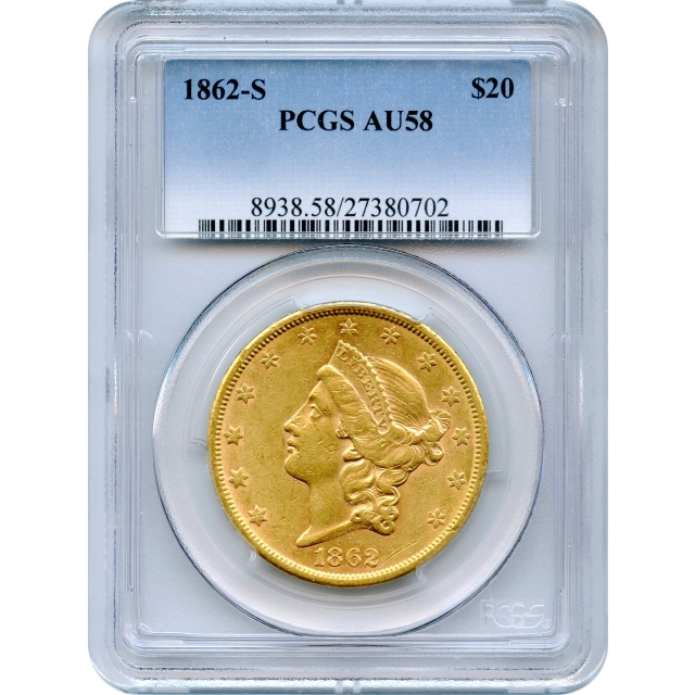 1862-S $20 Liberty Head Double Eagle PCGS AU58 - Civil War Gold Issue!
