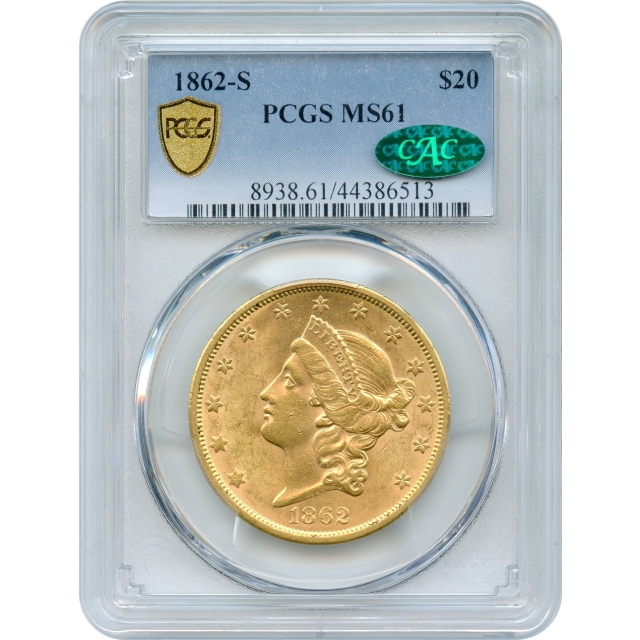 1862-S $20 Liberty Head Double Eagle PCGS MS61 (CAC)