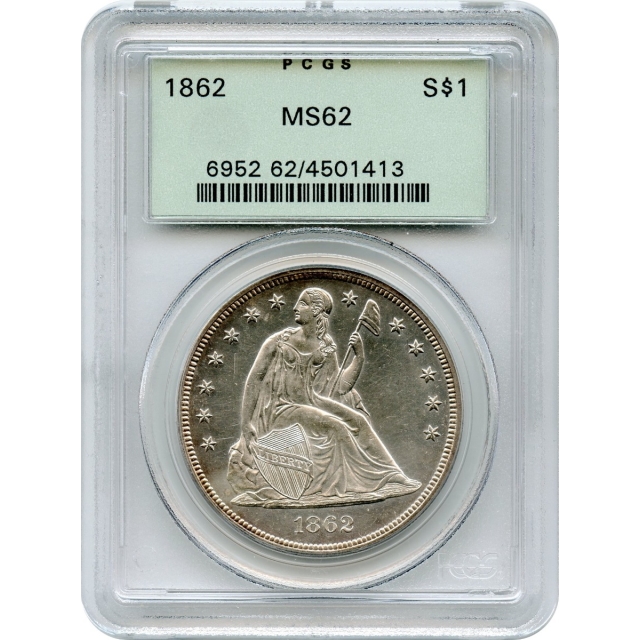 1862 $1 Liberty Seated Dollar PCGS MS62
