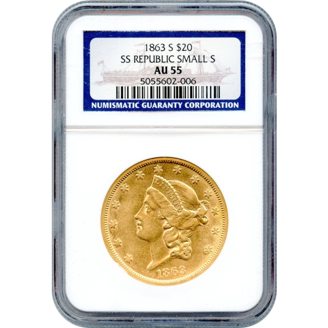 1863-S $20 Liberty Head Double Eagle NGC AU55 Ex.SS Republic